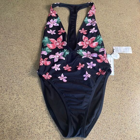 Bikini Lab Love On Trop Plunge Front Tropical Floral One Piece Black swimsuit - Picture 1 of 12